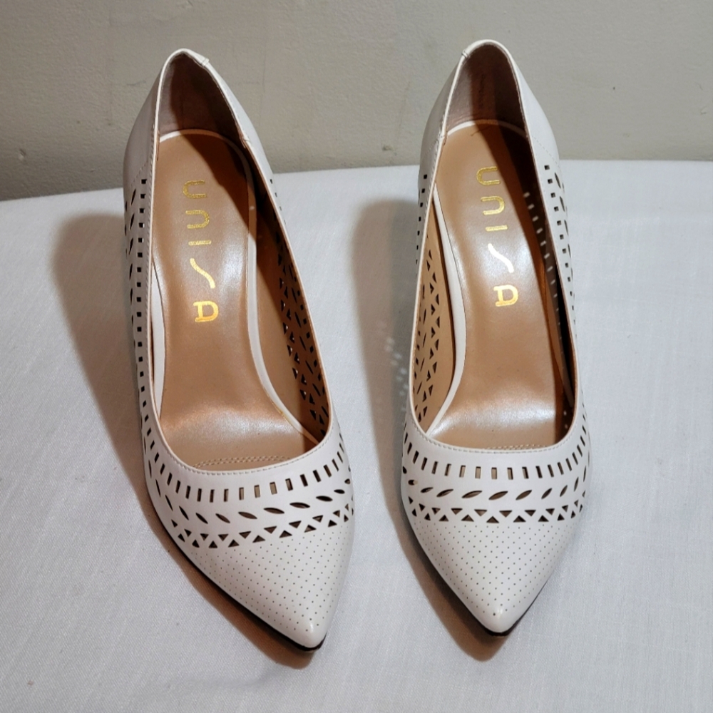 Unisa White Laser-Cut Pointed Toe Heels